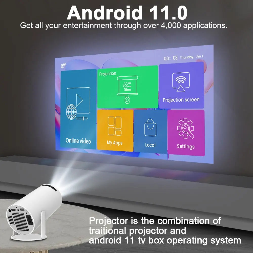 Projecteur Magcubic HY300 PRO 4K Android 11, double Wifi6, 260 ANSI, Bluetooth 5.0, résolution 1080P, pour home cinéma extérieur.